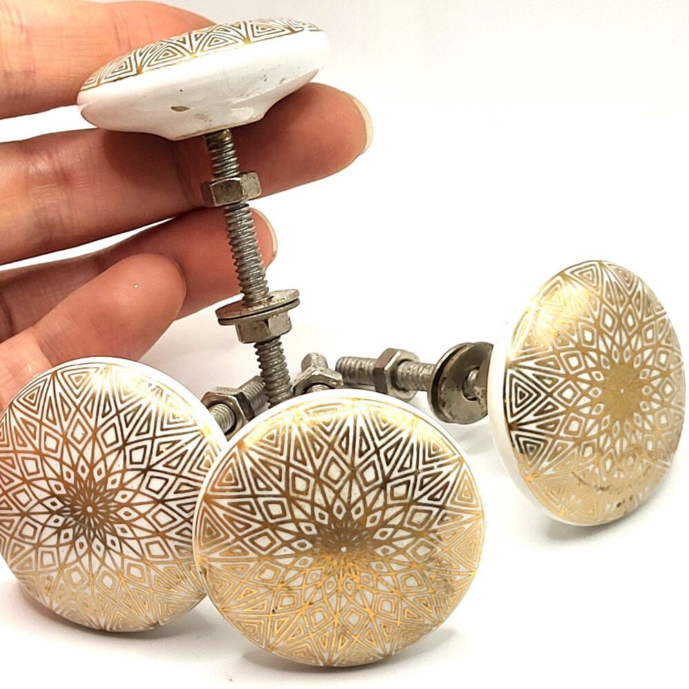 Lot of 4 Ceramic with Gold Moroccan Pattern Cabinet Pulls 1.5in wide 2.5in long